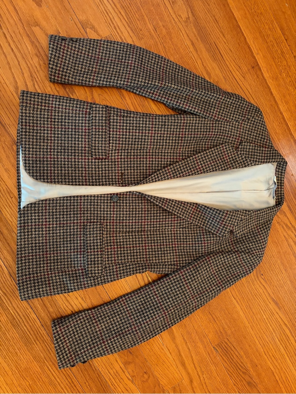 Lands' End Wool Brown & Black Houndstooth Sport Coat with Red Windowpane